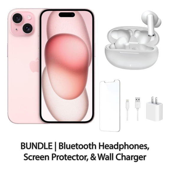 Restored Apple iPhone 15 128GB Pink Fully Unlocked Bundle with Bluetooth Headphones, Screen Protector, & Wall Charger