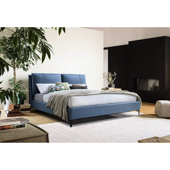 Fully Upholstered Blue King Bed With Abundant Padding Pillowed Headboard And Platform Structure Luxuriant