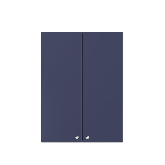 Fully assembled 24" W x 30" H wall cabinet in midnight navy slab style with French doors and nickel knobs