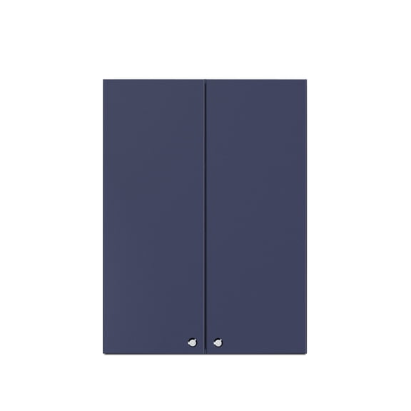 Fully assembled 24" W x 30" H wall cabinet in midnight navy slab style with French doors and nickel knobs