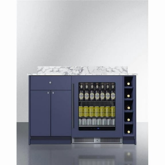 Fully assembled Mesa Turnkey Dry Bar in midnight navy finish and shallow 21" depth, with glass door beverage center, storage cabinet, and countertop; ships fully assembled in two boxes on one pallet