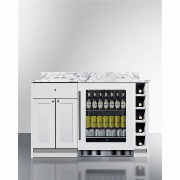 Fully assembled Mesa Turnkey Dry Bar in white finish and shallow 21" depth, with glass door beverage center, storage cabinet, and countertop; ships fully assembled in two boxes on one pallet