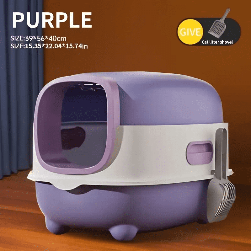 Fully enclosed purple cat litter box, comes with a cat litter scoop, smooth material, suitable for medium and small-sized cats