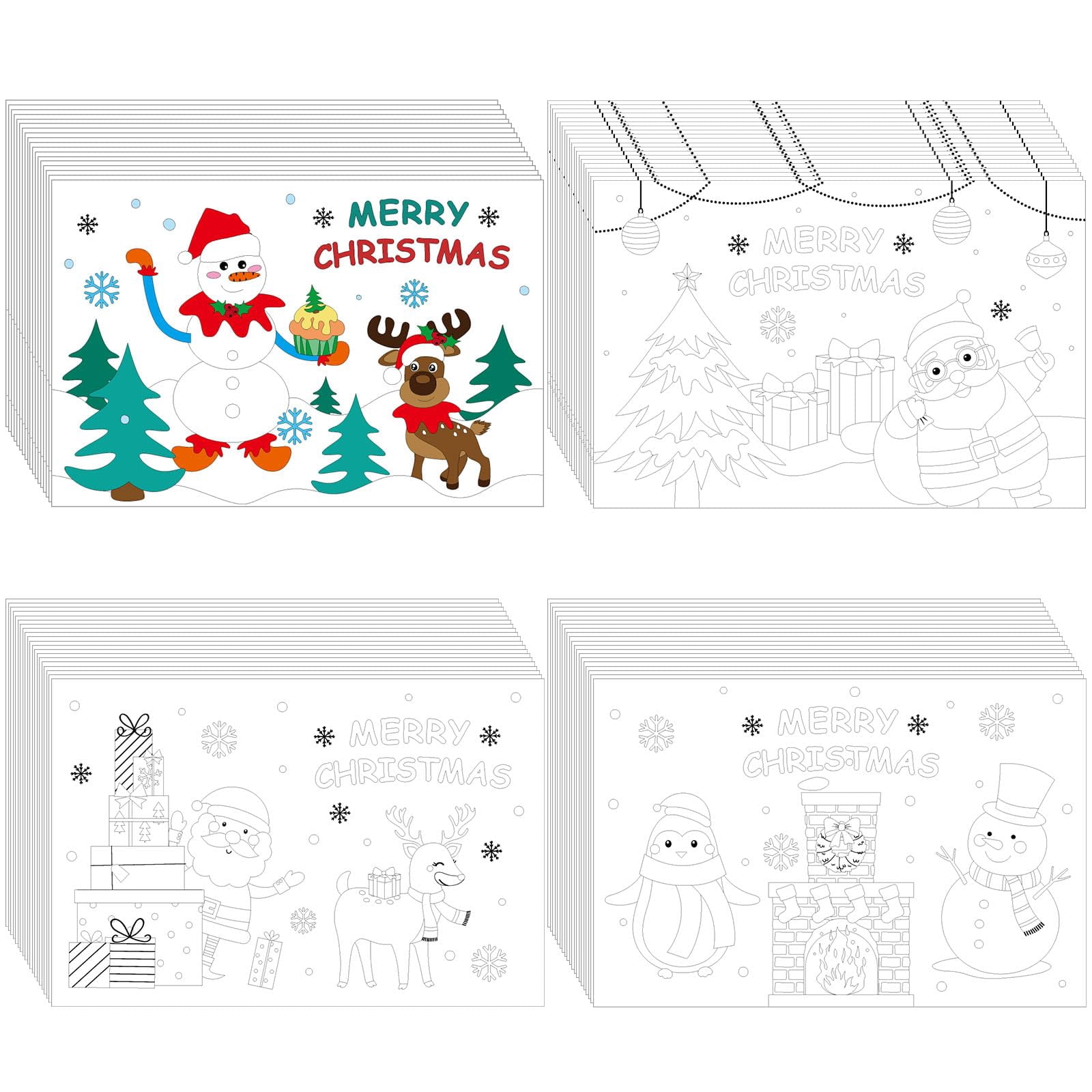 Christmas Cards With Reindeer Penguin Snowman Golden Lettering Childish Holiday Greeting Card
