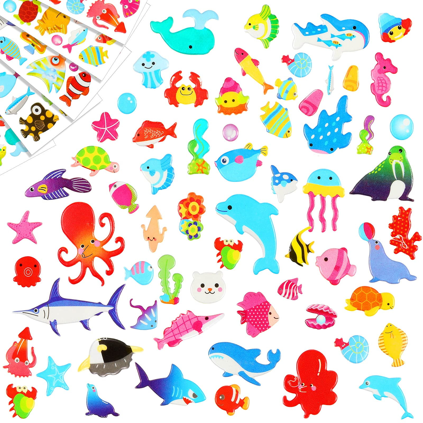 HEMOTON 4 Sheets Sea Animal Bubble Puffy Stickers Cute Cartoon PVC Foam  Stickers for Ocean Birthday Party Favors Craft Scrapbooking