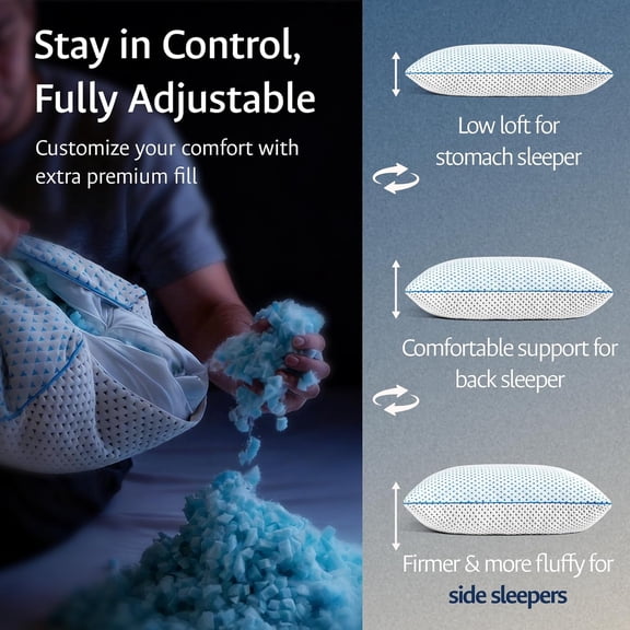 Fulocean Cooling Gel Memory Foam Pillows Queen Size Set of 2, Adjustable Shredded Foam Bed Pillows for Side Back Stomach Sleepers with Breathable Bamboo Rayon Cover