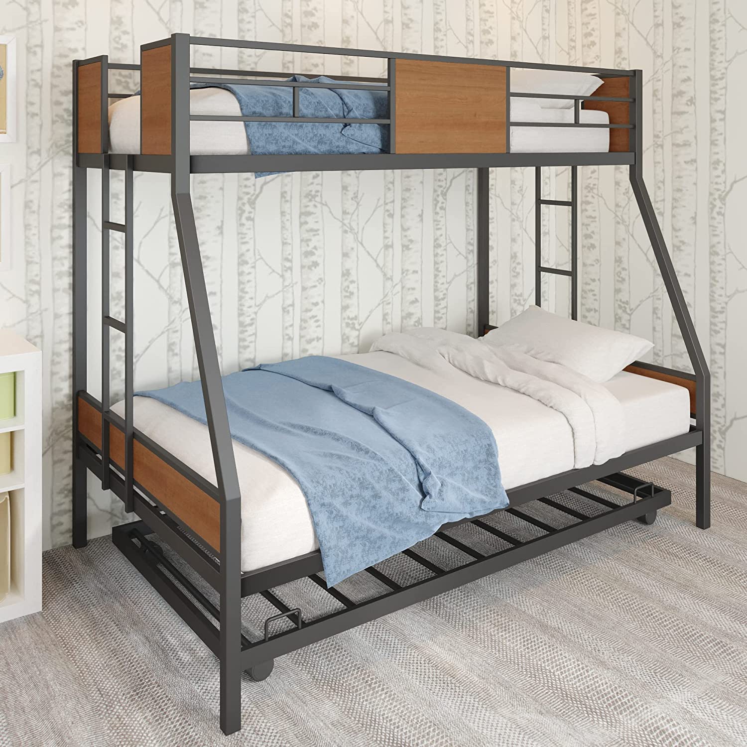 Fulocseny Twin Over Full Bunk Bed with Trundle Metal Bed Frame Bunkbed