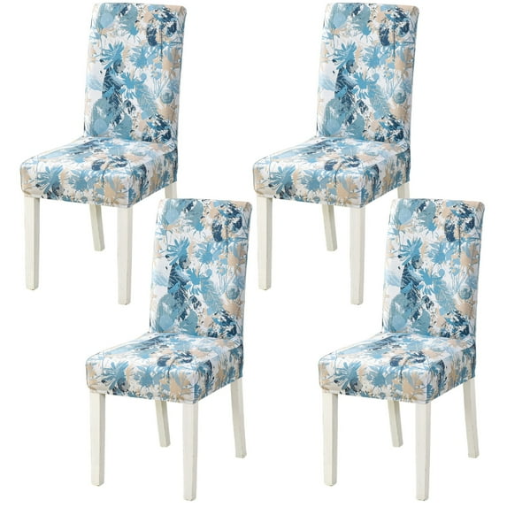 Fuloon 4 Pcs Chair Covers Stretch Jacquard Blue Slipcover for Home and Banquet (Leaves)
