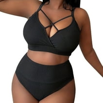 Fulorrnie 2024 Women's Sexy Plus Size Solid Color Suspender High Waisted Bikini Plus Size Swimsuit,Black,XXL
