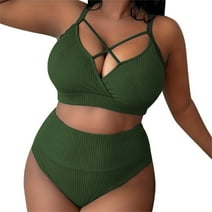 Fulorrnie 2024 Women's Sexy Plus Size Solid Color Suspender High Waisted Bikini Plus Size Swimsuit,Green,XL
