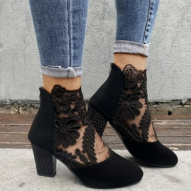 Fulorrnie Boots for Women Ankle Boots for Women Short Boots Sheer Lace and Suede Block Mid Heel Back Zipper Lace Mesh Boots