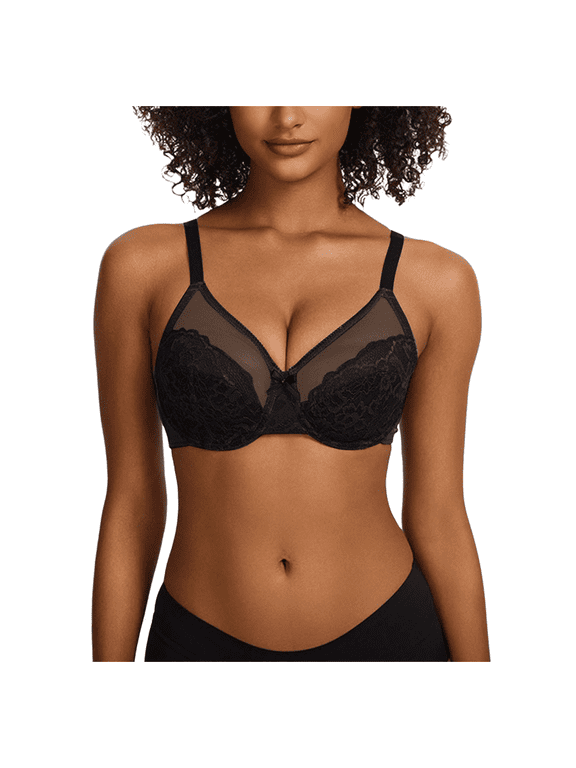Bras for Women Plus Size Underwire Supportive Comfort Full Coverage Bralette Lace Moisture Wicking Bra Black 34F