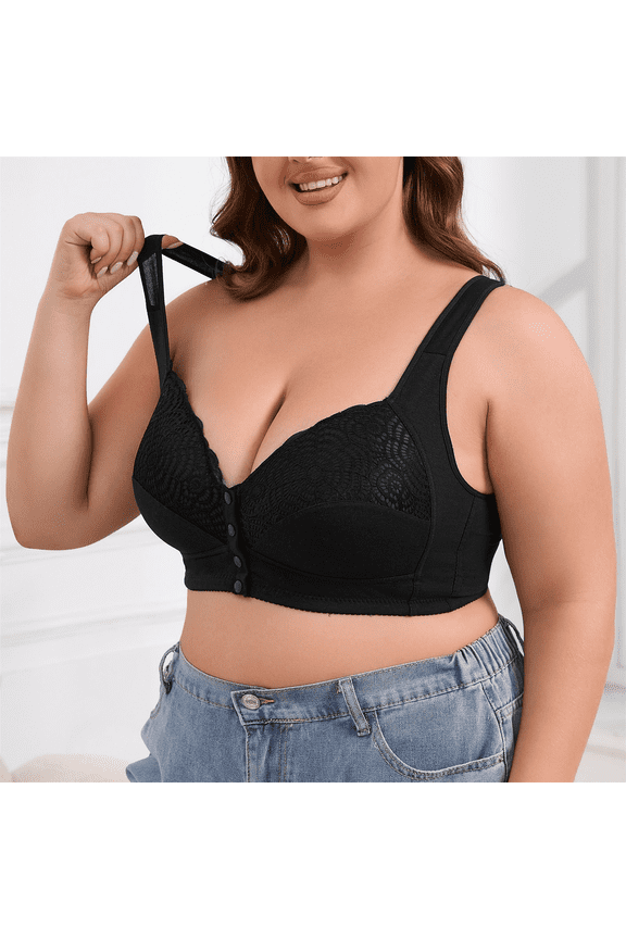 Bras for Women Plus Size Wirefree Comfort Support Front Closure Longline Adjustable Strap Tie Bra, Black, 48F