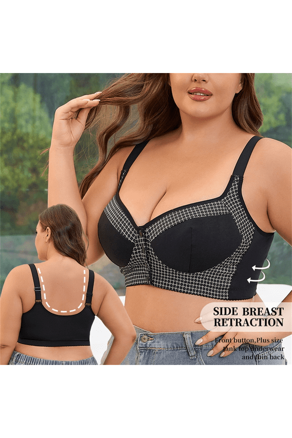 Bras for Women Plus Size Wirefree Comfort Supportive Front Closure Longline Adjustable Strap Bralette Bra, Black, 48