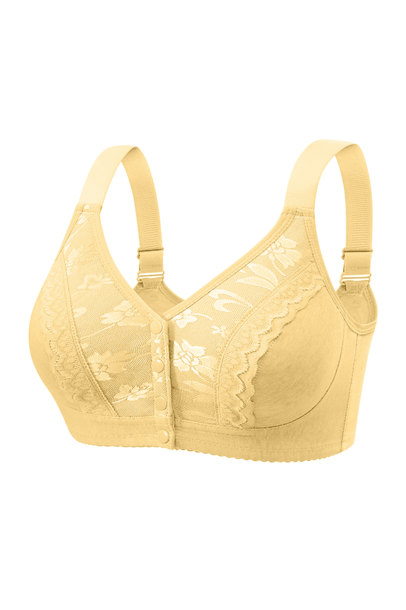 Bras for Women Supportive No Underwire Comfort T Shirt Front Closure Bralette Adjustable Strap Lace Bra, Light Yellow, 36