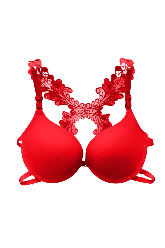 Bras for Women Supportive Underwire Comfort Push Up Back Fat Smoothing Tie Lace Adjustable Strap Bra Red 34