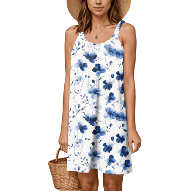 Fulorrnie Dresses for Women Plus Size Mini Crew Neck Sleeveless Summer Shift Casual Oversized Loose Fit Vacation Dress, Blue, 8