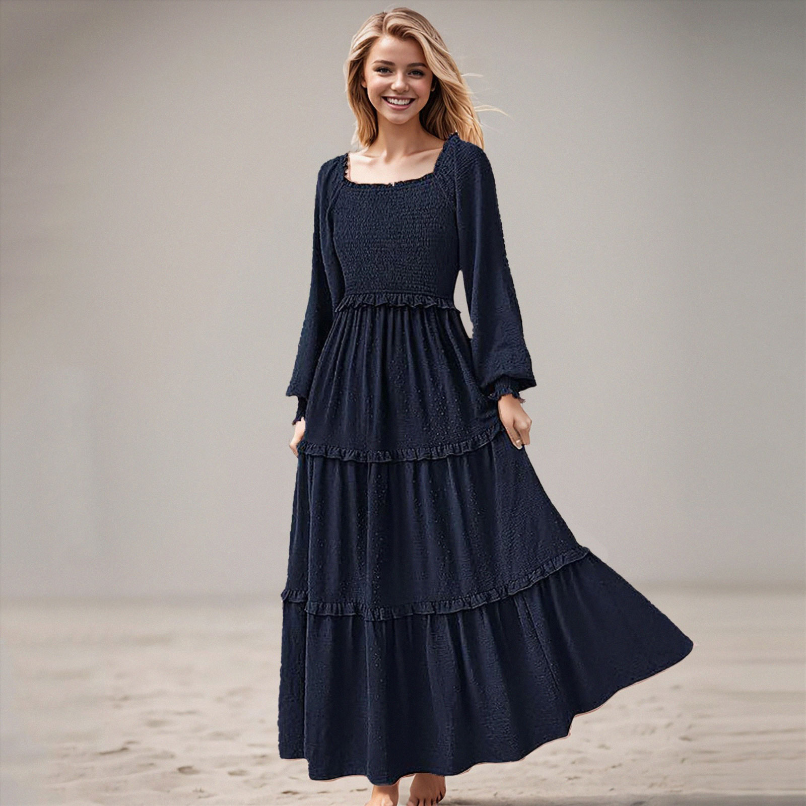 Fulorrnie Dresses For Women Square Neckline Mid Length Long Sleeve 