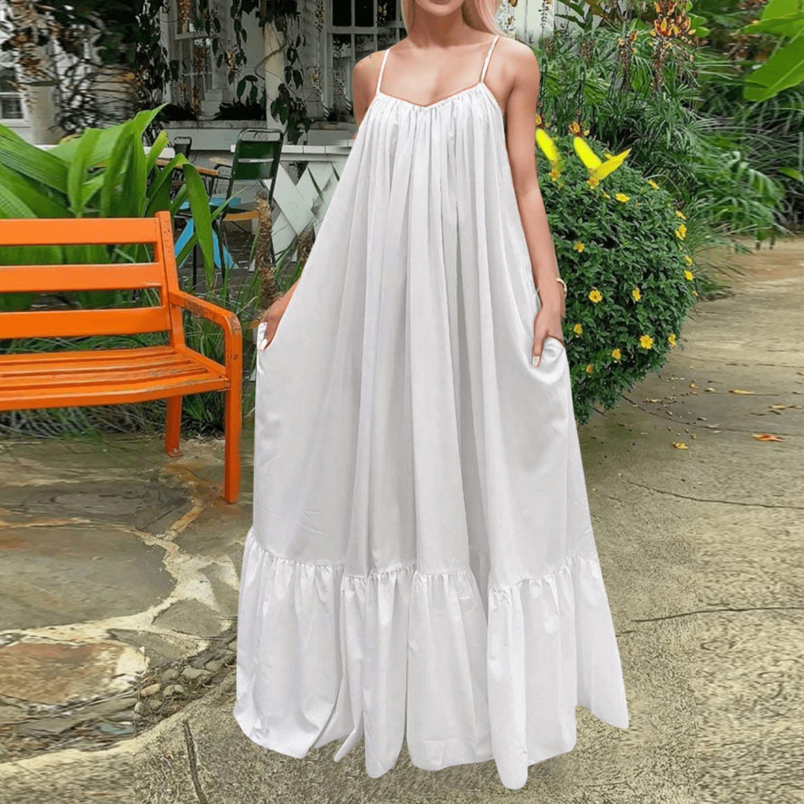 Wenrine Womens Navy Maxi Side Slit Vacation Dresses