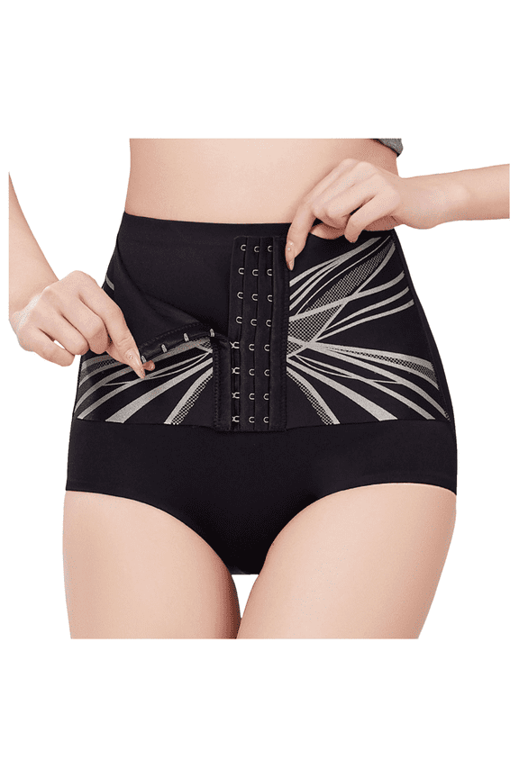 High Waisted Compression Panties Adjustable Hook Eye Closure Shapewear Briefs Tummy Control Seamless Women's Underwear Abdominal Support, Black, M