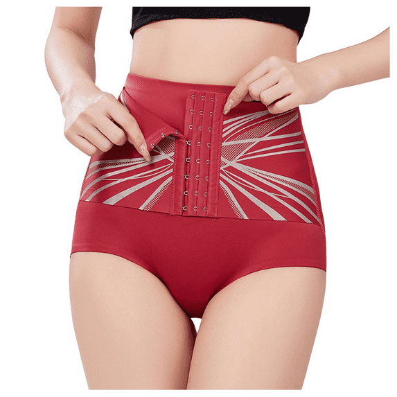 Fulorrnie High Waisted Compression Panties Adjustable Hook Eye Closure Shapewear Briefs Tummy Control Seamless Women's Underwear Abdominal Support, Red, XL