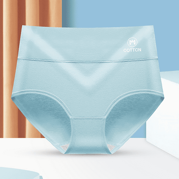 Fulorrnie High Waisted Cotton Panties for Women Seamless Underwear Wide Elastic Band Briefs No Show Tummy Smoothing Waistband Soft Daily Wear, Light Blue, L