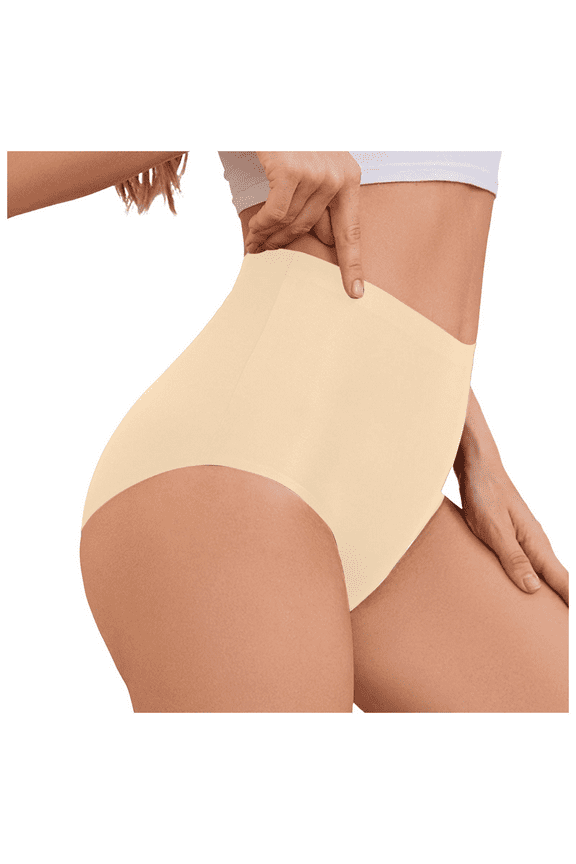 High Waisted Tummy Control Seamless No Show Panties for Women Support Underwear Wide Comfort Waistband Single Stitch Gusset, Beige, XS