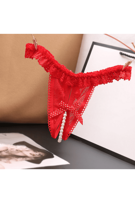 Lace Trimmed Crotchless Women's Panties Pearl Accents Sheer Breathable Underwear for Sexy Everyday Wear, Red, One Size