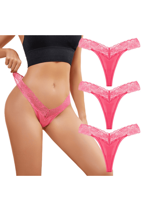 Women's Lace Thong Underwear Low Rise Sexy T Back Panties Sheer Strap, Breathable Comfortable for Everyday Wear, Hot Pink, XL