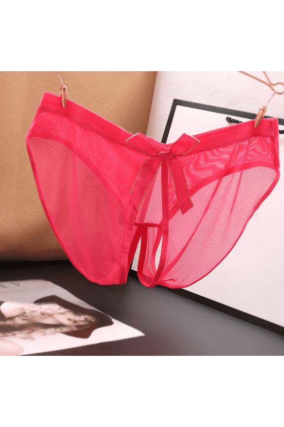 Mesh Crotchless Women's Underwear Bow Accent Seamless Breathable Panties for Sexy Everyday Comfort, Hot Pink, One Size