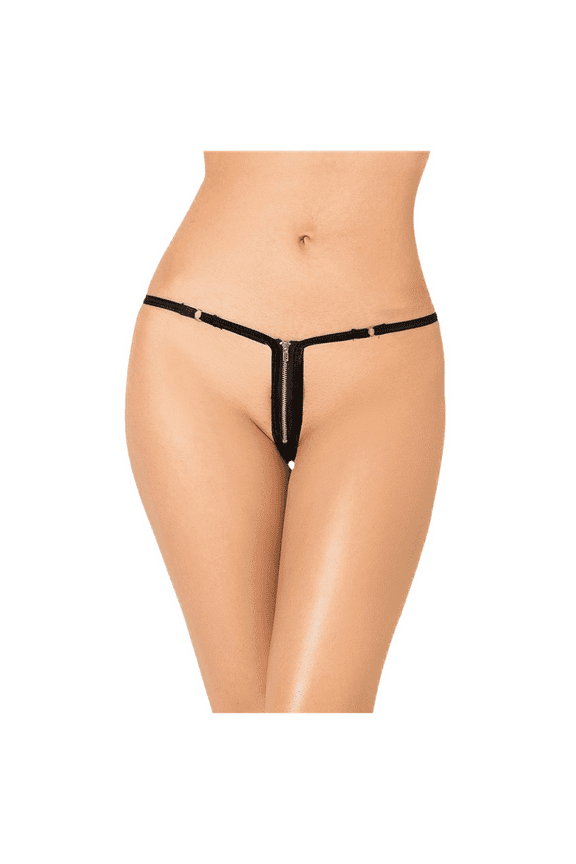 Seamless Nylon Thong Underwear for Women Front Zip Detail Sexy High Cut Comfort Fit No Show Panties, Black, XXXL