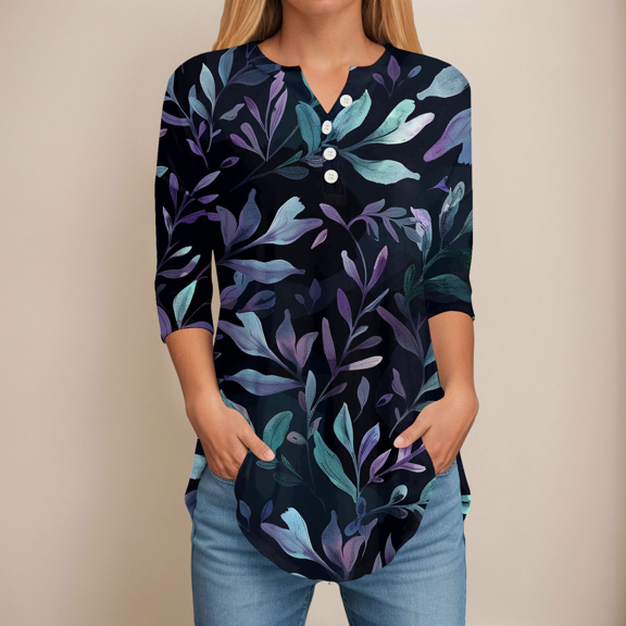 Fulorrnie T Shirts for Women Men 3/4 Sleeve V Neck Plus Size Classic Shirt Top Graphic Button Stretchable Dolman Tee Moisture Wicking Loose Fit Casual, Navy, M