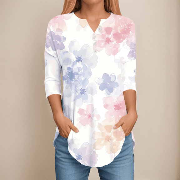 Fulorrnie T Shirts for Women Men 3/4 Sleeve V Neck Plus Size Classic Shirt Top Graphic Button Stretchable Dolman Tee Moisture Wicking Loose Fit Casual, Pink, M