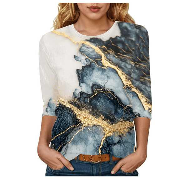 Fulorrnie T Shirts for Women 3/4 Sleeve Crew Neck Summer Resistant Top Graphic Loose Fit Tee Vacation Shirt, Dark Gray, 14