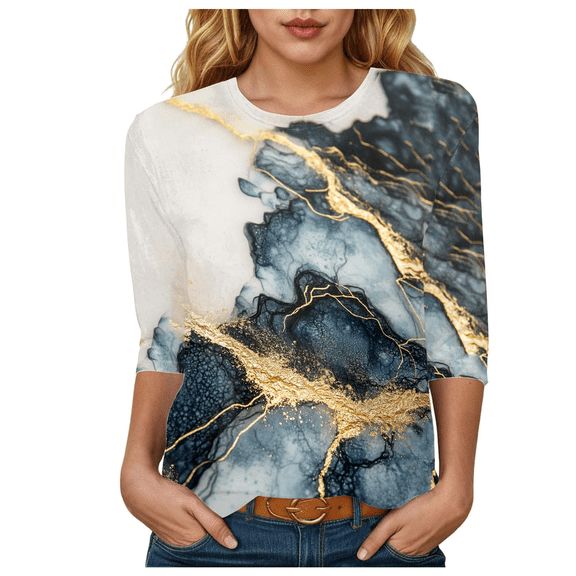 Fulorrnie T Shirts for Women 3/4 Sleeve Crew Neck Summer Resistant Top Graphic Loose Fit Tee Vacation Shirt, Dark Gray, 4