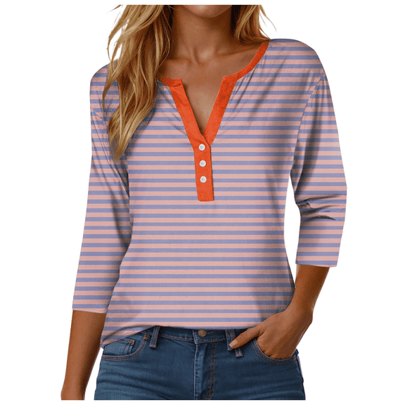 Fulorrnie T Shirts for Women 3/4 Sleeve V Neck Button Graphic Tees Top Stretchable Slim Fit Casual Shirt, Light Purple, L