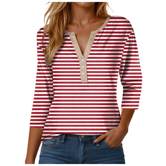 Fulorrnie T Shirts for Women 3/4 Sleeve V Neck Button Graphic Tees Top Stretchable Slim Fit Casual Shirt, Red, L