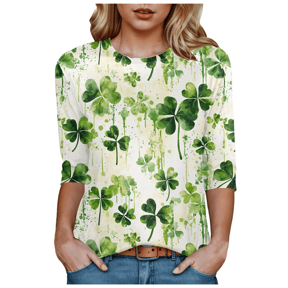 Fulorrnie T Shirts for Women Crew Neck 3/4 Sleeve Graphic Tees Casual Moisture Wicking Loose Fit Top Holiday Shirt, Light Green, 12
