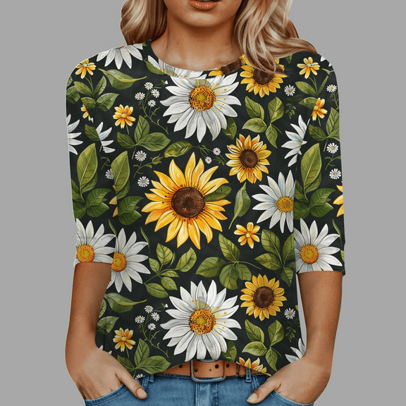 Fulorrnie T Shirts for Women Crew Neck 3 4 Sleeve Graphic Tees Casual Stretchable Slim Fit Top Shirt Dark Green 8