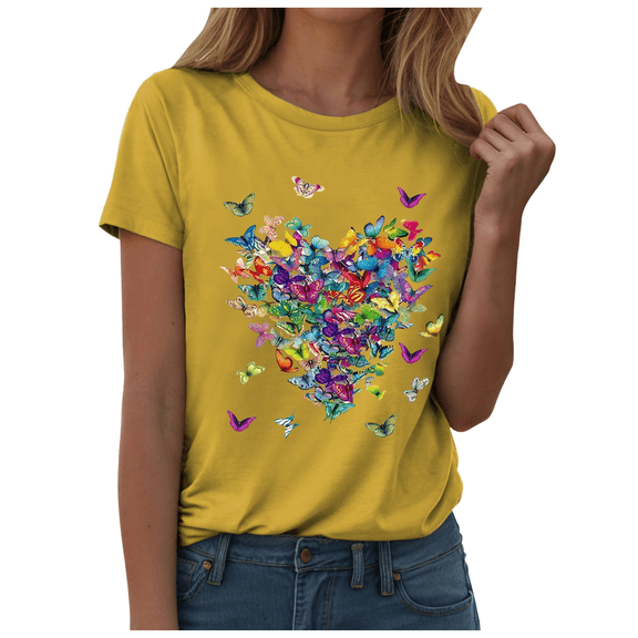 Fulorrnie T Shirts for Women Crew Neck Short Sleeve Summer Graphic Tees Cute Cap Loose Fit Oversized Top Shirt, Yellow, S