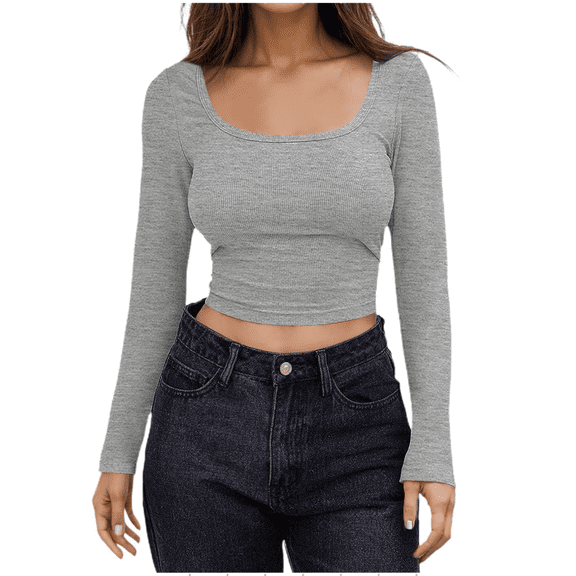 Fulorrnie T Shirts for Women Long Sleeve Boat Neck Plain Crop Top ped Button Set In Stretchable Tee Moisture Wicking Slim Fit Casual Shirt, Grey, L