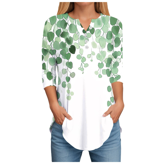 Fulorrnie T Shirts for Women Men 3/4 Sleeve V Neck Button Classic Shirt Tee Graphic Casual Relaxed Fit Stretchable Top, Green, XXL