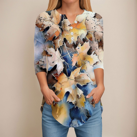 Fulorrnie T Shirts for Women Men 3/4 Sleeve V Neck Button Classic Shirt Tee Graphic Casual Relaxed Fit Stretchable Top, Khaki, XL