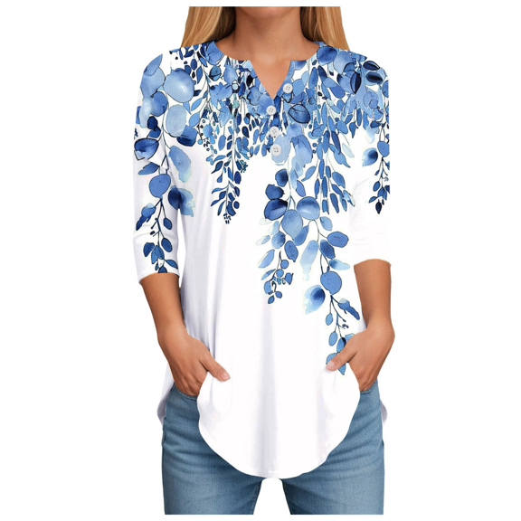 Fulorrnie T Shirts for Women Men 3/4 Sleeve V Neck Button Classic Shirt Tee Graphic Casual Relaxed Fit Stretchable Top, Sky Blue, L