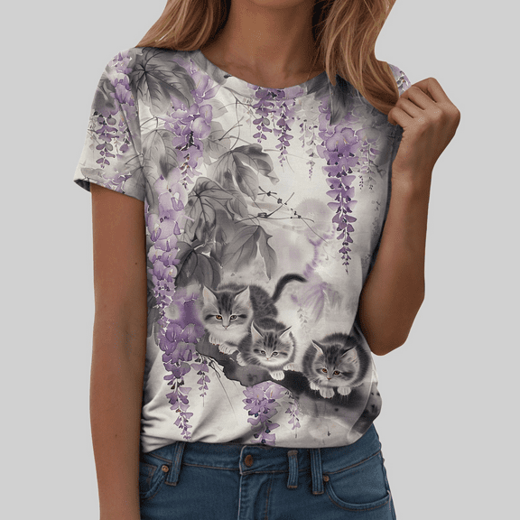 Fulorrnie T Shirts for Women Petite Crew Neck Short Sleeve Graphic Tees Top Oversized Cute Loose Fit Casual Shirt, Light Purple, S