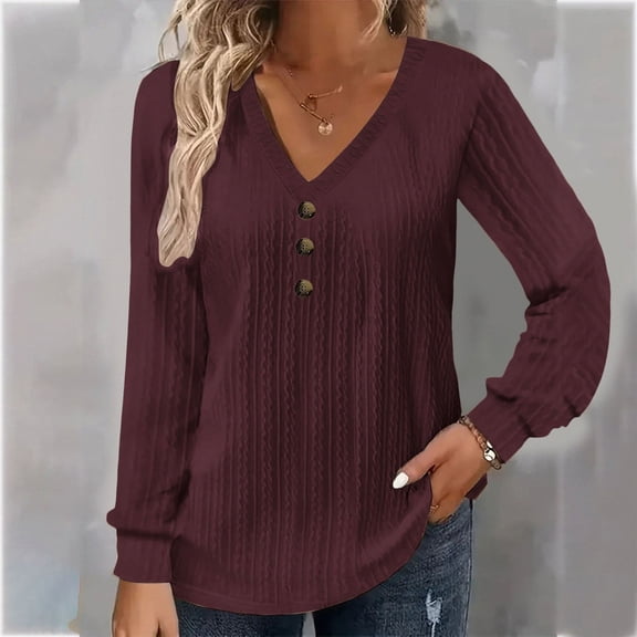 Fulorrnie T Shirts for Women Plus Size Long Sleeve V Neck Moisture Wicking Tee Oversized Button Loose Fit Plain Top Stretchable Casual Shirt, Red, 4