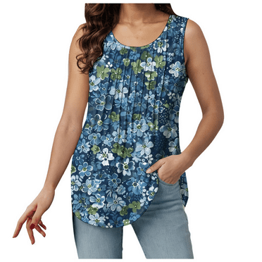 Fulorrnie Tank Tops for Women Plus Size Fitted Crew Neck Casual Floral Loose Fit Spaghetti Straps Camisole Moisture Wicking Top, Blue, XXXXXL