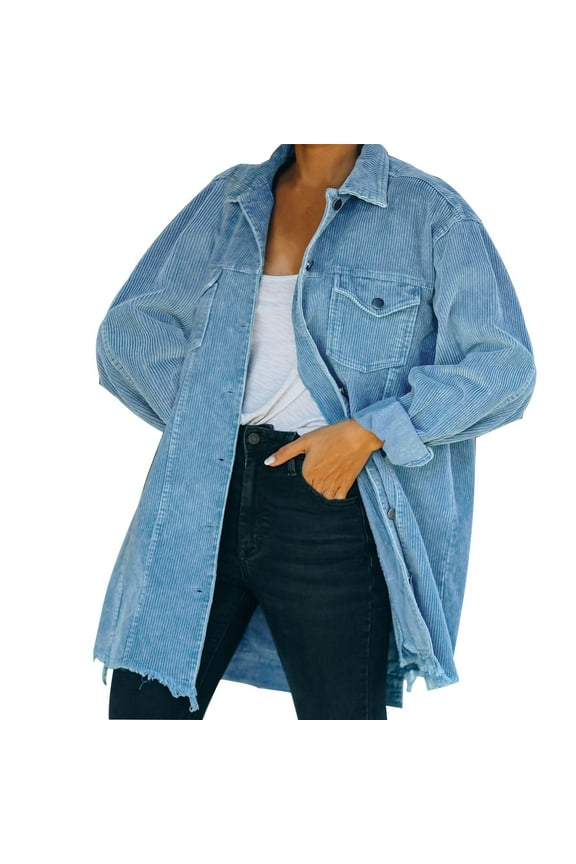 Vintage Oversized Corduroy Shirt Jacket for Women Plus Size Distressed Retro Autumn Outerwear