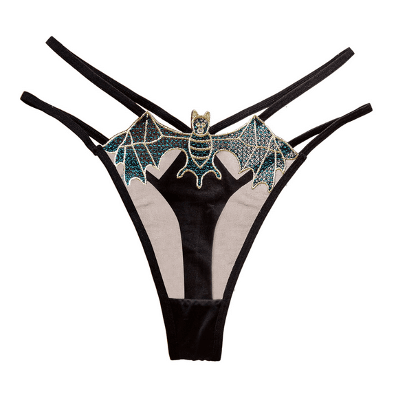 Fulorrnie Women's Bat Embroidered Thong Underwear Crisscross Straps Seamless Panties Lingerie Briefs Nylon Spandex Stretch Fit No Show Delicate Design, Black, One Size