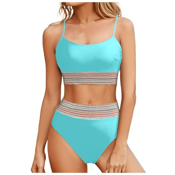 Fulorrnie Women's Bikini Sets Colorblock Trim 2 Piece High Waisted Swimsuit Scoop Neck Adjustable Spaghetti Straps Bathing Suit,Light Blue,L